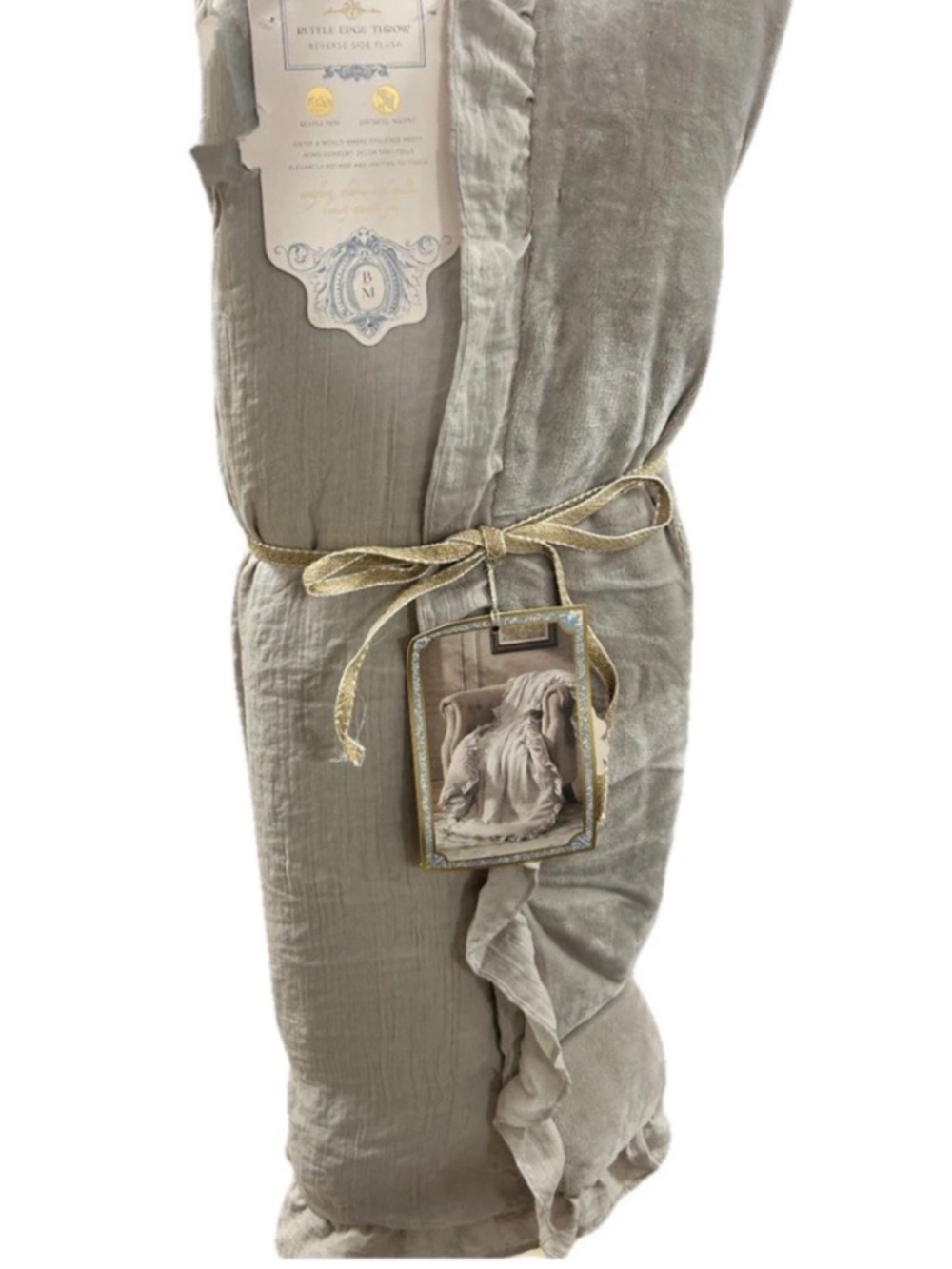 BM Natural Tan Ruffle Edge Throw Blanket with Reverse Plush Ruffle Hem Layering